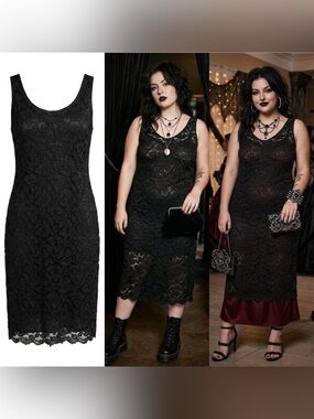 Vintage 90s/Y2K Astarte 1X Black Floral Stretch Lace Midi Dress Whimsigoth Goth